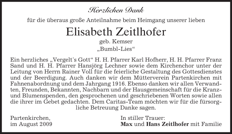  Traueranzeige für Elisabeth Zeitlhofer vom 01.08.2009 aus MERKUR & TZ