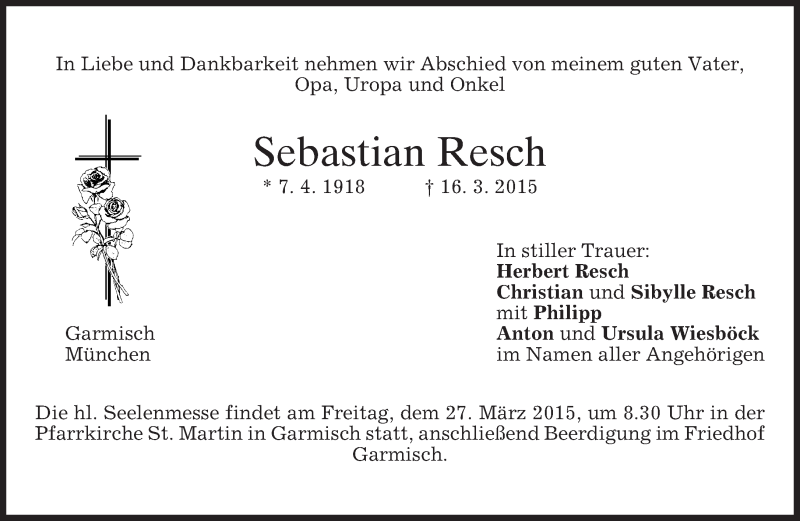  Traueranzeige für Sebastian Resch vom 23.03.2015 aus merkurtz