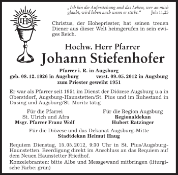 Traueranzeige von Johann Stiefenhofer von MERKUR & TZ