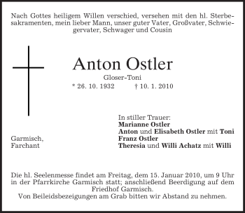 Traueranzeige von Anton Ostler von MERKUR & TZ