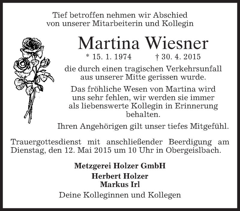  Traueranzeige für Martina Wiesner vom 09.05.2015 aus merkurtz