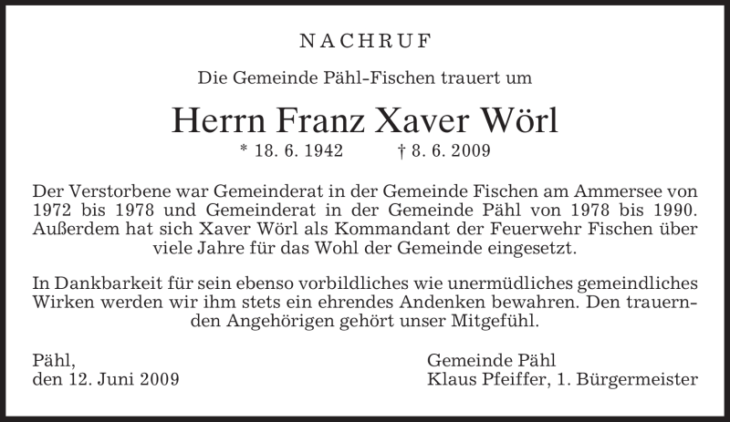  Traueranzeige für Franz-Xaver Wörl vom 12.06.2009 aus MERKUR & TZ