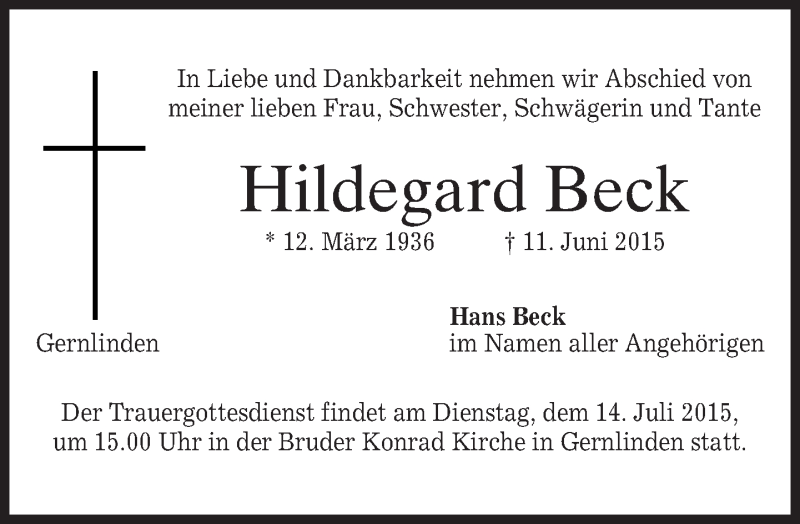  Traueranzeige für Hildegard Beck vom 11.07.2015 aus merkurtz