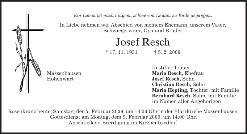  Traueranzeige für Josef Resch vom 07.02.2009 aus MERKUR & TZ