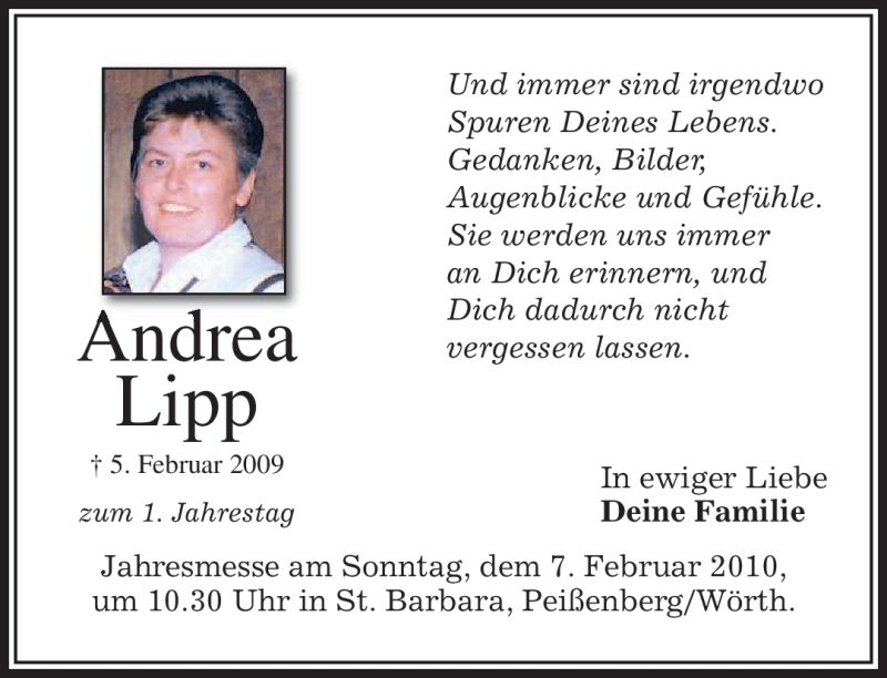  Traueranzeige für Andrea Lipp vom 05.02.2010 aus MERKUR & TZ
