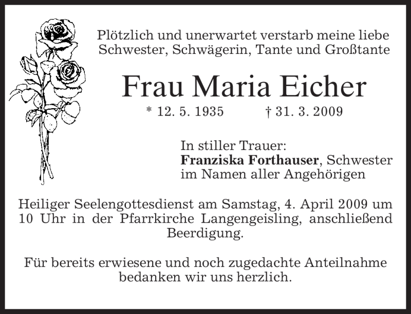  Traueranzeige für Maria Eicher vom 03.04.2009 aus MERKUR & TZ