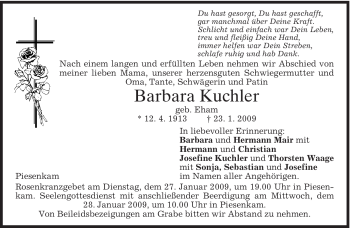 Traueranzeige von Barbara Kuchler von MERKUR & TZ