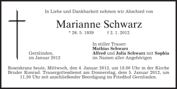Traueranzeige von Marianne Schwarz von MERKUR & TZ