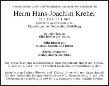 Traueranzeige von Hans-Joachim Kreher von MERKUR & TZ