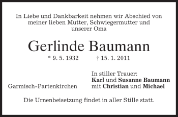 Traueranzeige von Gerlinde Baumann von MERKUR & TZ