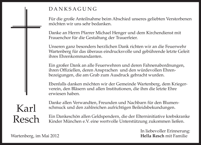  Traueranzeige für Karl Resch vom 19.05.2012 aus MERKUR & TZ