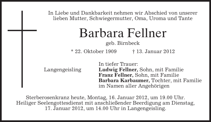  Traueranzeige für Barbara Fellner vom 16.01.2012 aus MERKUR & TZ