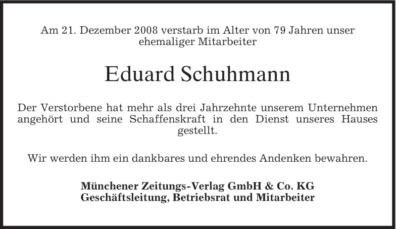  Traueranzeige für Eduard Schuhmann vom 30.12.2008 aus MERKUR & TZ