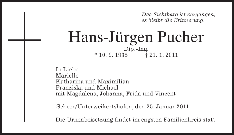  Traueranzeige für Hans-Jürgen Pucher vom 25.01.2011 aus MERKUR & TZ