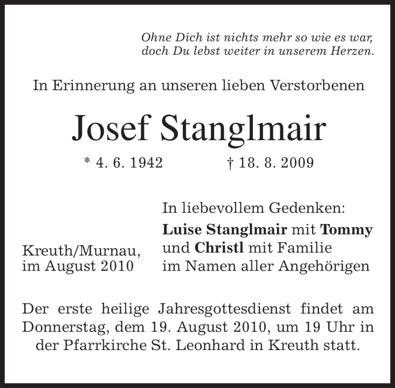  Traueranzeige für Josef Stanglmair vom 14.08.2010 aus MERKUR & TZ