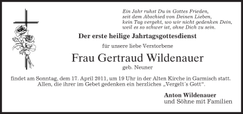 Traueranzeige von Gertraud Wildenauer von MERKUR & TZ