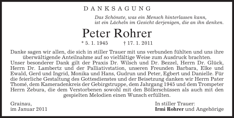  Traueranzeige für Peter Rohrer vom 05.02.2011 aus MERKUR & TZ