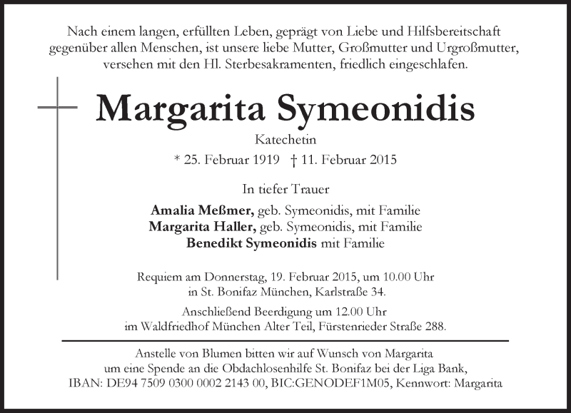  Traueranzeige für Margarita Symeonidis vom 14.02.2015 aus merkurtz