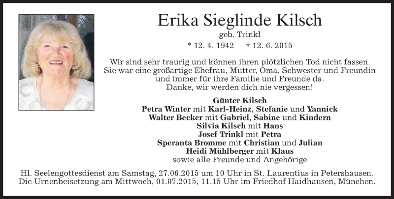  Traueranzeige für Erika Sieglinde Kilsch vom 20.06.2015 aus merkurtz