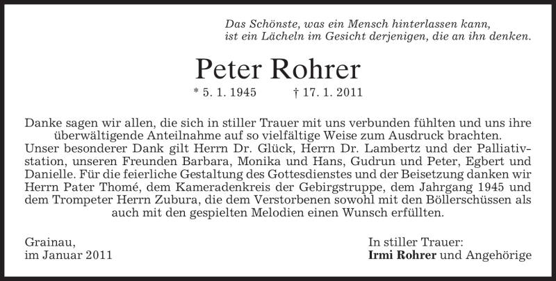  Traueranzeige für Peter Rohrer vom 29.01.2011 aus MERKUR & TZ