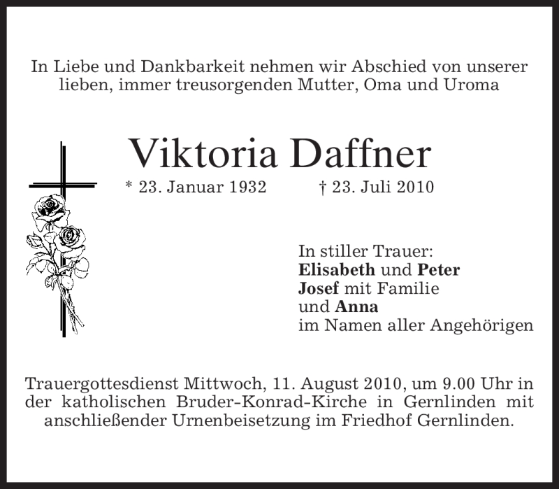  Traueranzeige für Viktoria Daffner vom 09.08.2010 aus MERKUR & TZ