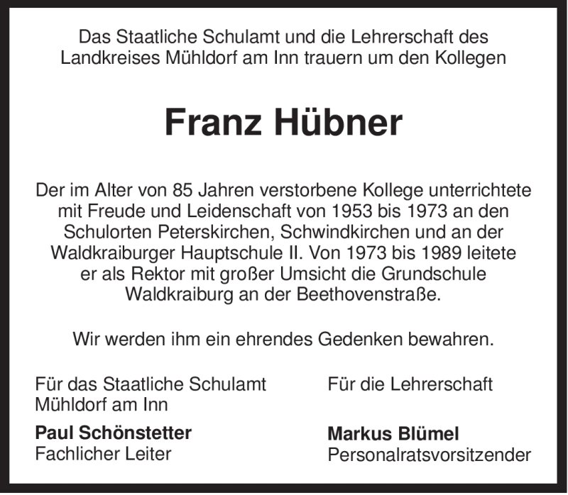  Traueranzeige für Franz Hübner vom 20.08.2011 aus MERKUR & TZ