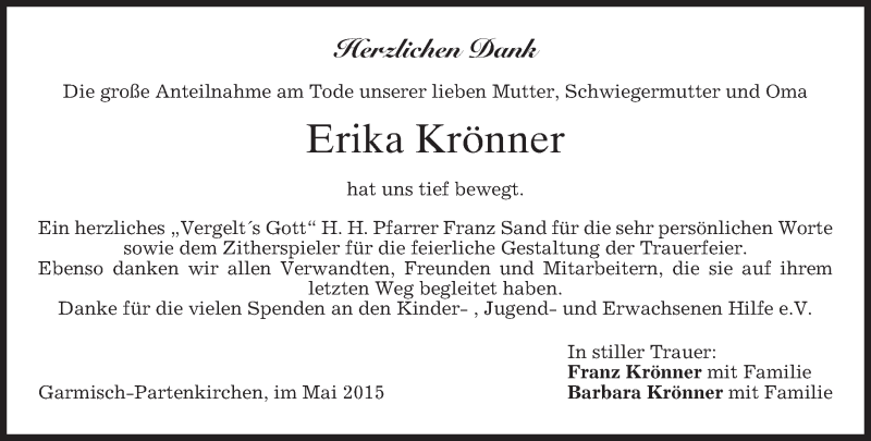  Traueranzeige für Erika Krönner vom 02.05.2015 aus merkurtz