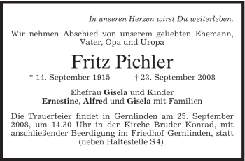 Traueranzeige von Fritz Pichler von MERKUR & TZ