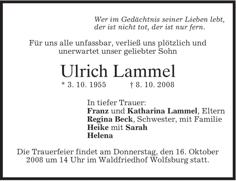  Traueranzeige für Ulrich Lammel vom 11.10.2008 aus MERKUR & TZ