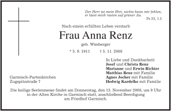 Traueranzeige von Anna Renz von MERKUR & TZ