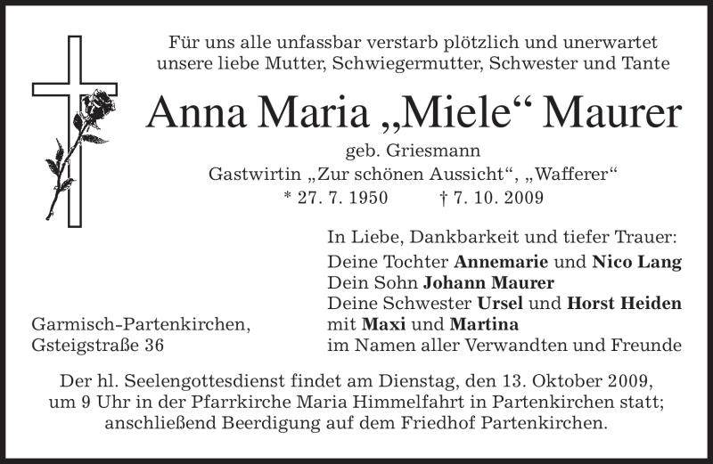  Traueranzeige für Anna Maria Maurer vom 10.10.2009 aus MERKUR & TZ