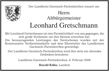Traueranzeige von Leonhard Gretschmann von MERKUR & TZ