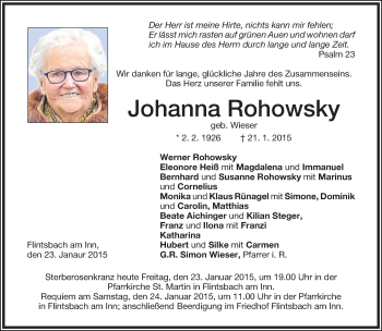 Traueranzeige von Johanna Rohowsky von merkurtz