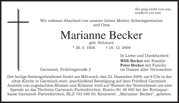 Traueranzeige von Marianne Becker von MERKUR & TZ