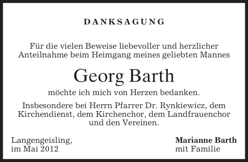  Traueranzeige für Georg Barth vom 09.05.2012 aus MERKUR & TZ