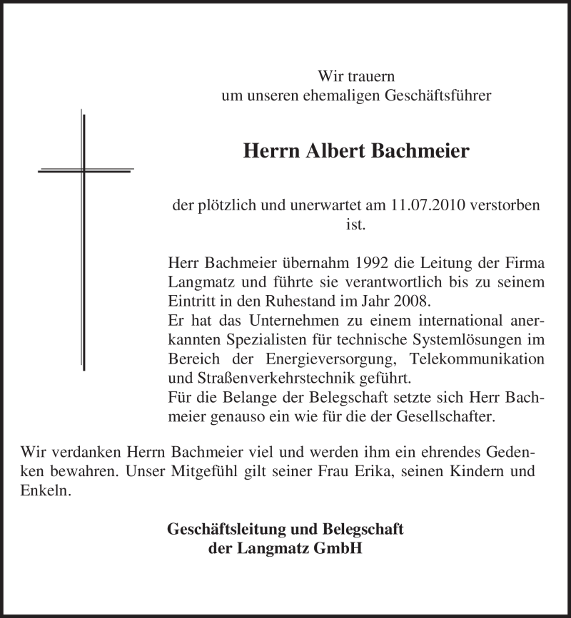  Traueranzeige für Albert Günther Bachmeier vom 13.07.2010 aus MERKUR & TZ