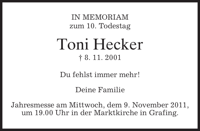  Traueranzeige für Toni Hecker vom 08.11.2011 aus MERKUR & TZ