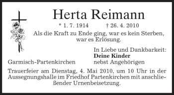 Traueranzeige von Herta Reimann von MERKUR & TZ