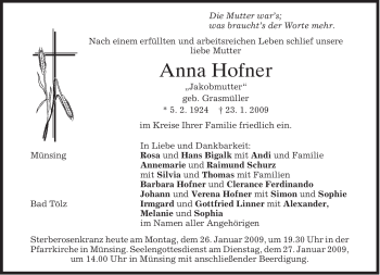 Traueranzeige von Anna Hofner von MERKUR & TZ