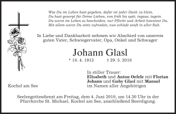 Traueranzeige von Johann Glasl von MERKUR & TZ