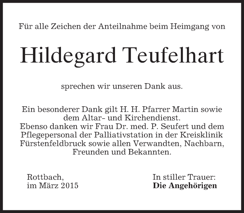  Traueranzeige für Hildegard Teufelhart vom 05.03.2015 aus merkurtz