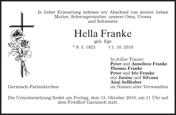 Traueranzeige von Hella Franke von MERKUR & TZ
