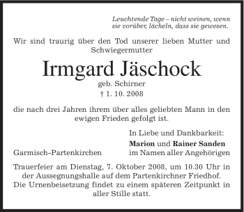 Traueranzeige von Irmgard Jäschock von MERKUR & TZ