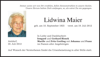 Traueranzeige von Lidwina Maier von MERKUR & TZ