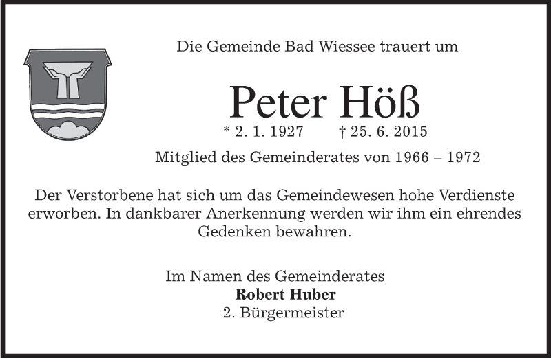  Traueranzeige für Peter Höß vom 27.06.2015 aus merkurtz