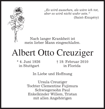 Traueranzeige von Albert Otto Creuziger von MERKUR & TZ