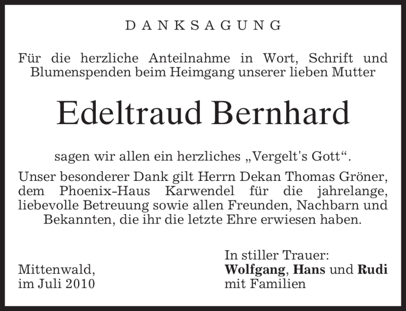 Traueranzeigen Von Edeltraud Bernhard | Trauer.merkur.de