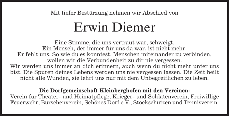  Traueranzeige für Erwin Diemer vom 08.10.2009 aus MERKUR & TZ