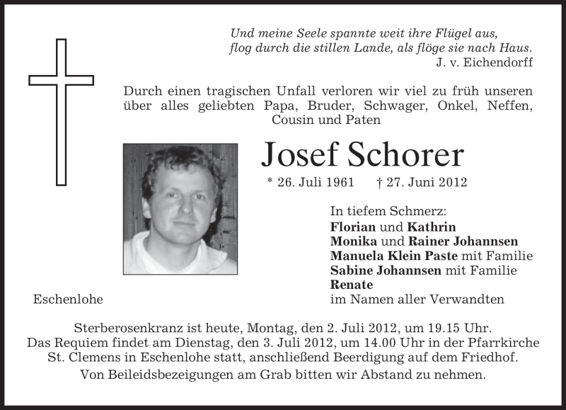  Traueranzeige für Josef Schorer vom 02.07.2012 aus MERKUR & TZ