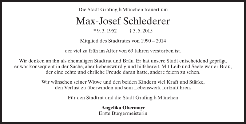 Traueranzeige für Max-Josef Schlederer vom 06.05.2015 aus merkurtz
